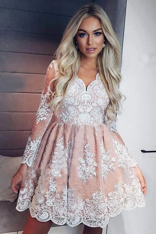 Long Sleeve See Through V Neck Lace Homecoming Dresses Vintage Short Prom Dresses H1247 -   17 homecoming dress Vintage ideas