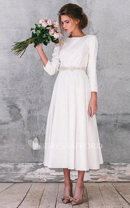 Bateau Long Sleeve Tea-length Dress With Jeweled Waist And Zipper -   18 dress Midi wedding ideas