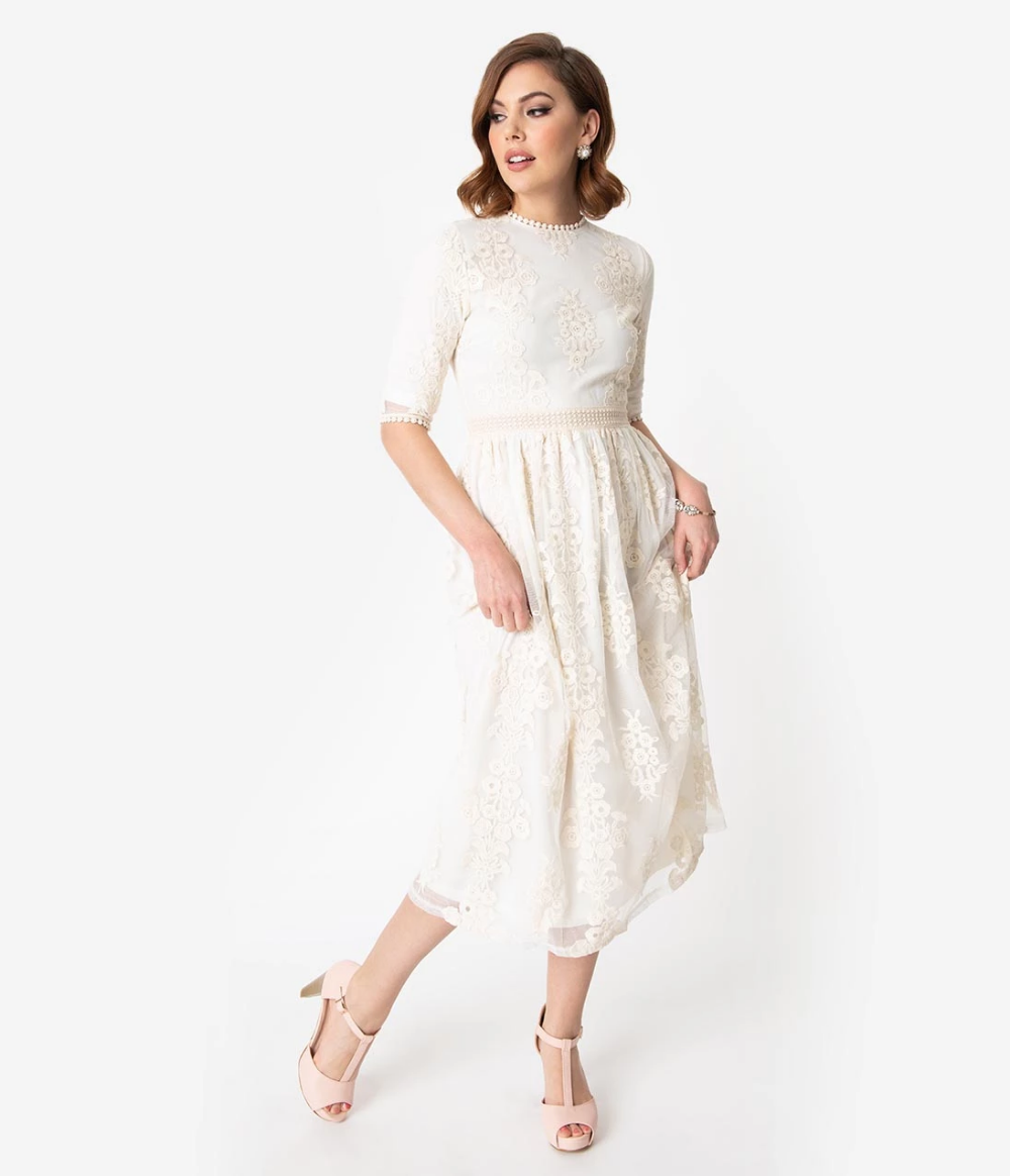 Vintage Style Antique Ivory Embroidered Lace Modest Midi Dress -   18 dress Midi wedding ideas