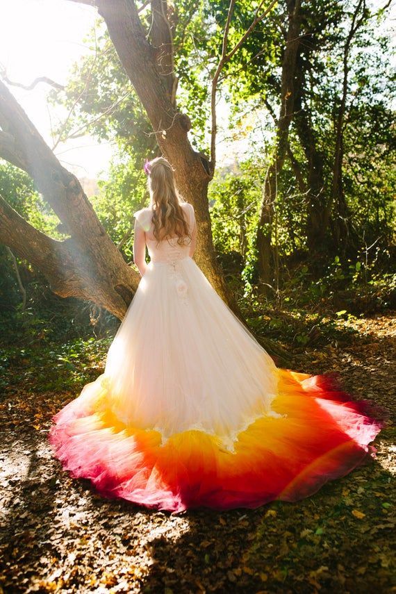 PHOENIX Dip dye Ombre Wedding Dress silk and tulle with lace detail Autumn Fire colours Ivory Red Orange Yellow UK Made to order custom size -   19 dress Wedding silk ideas