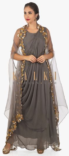 Grey long dress with stitched pleats with, organza fancy jacket only on Kalki -   10 dress Fancy jackets ideas