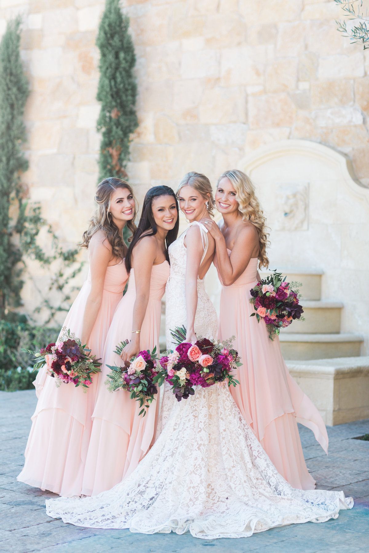 Pale pink bridesmaids with magenta rose bouquets at Malibu Rocky Oaks -   18 wedding Photography bridesmaids ideas