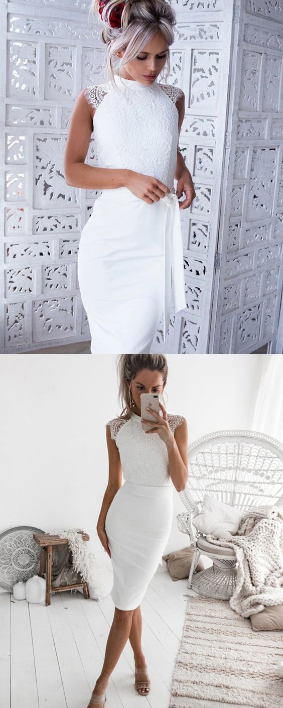 High Neck White Tight Lace Bodice Satin Sheath Club Dress -   15 dress Cocktail white ideas