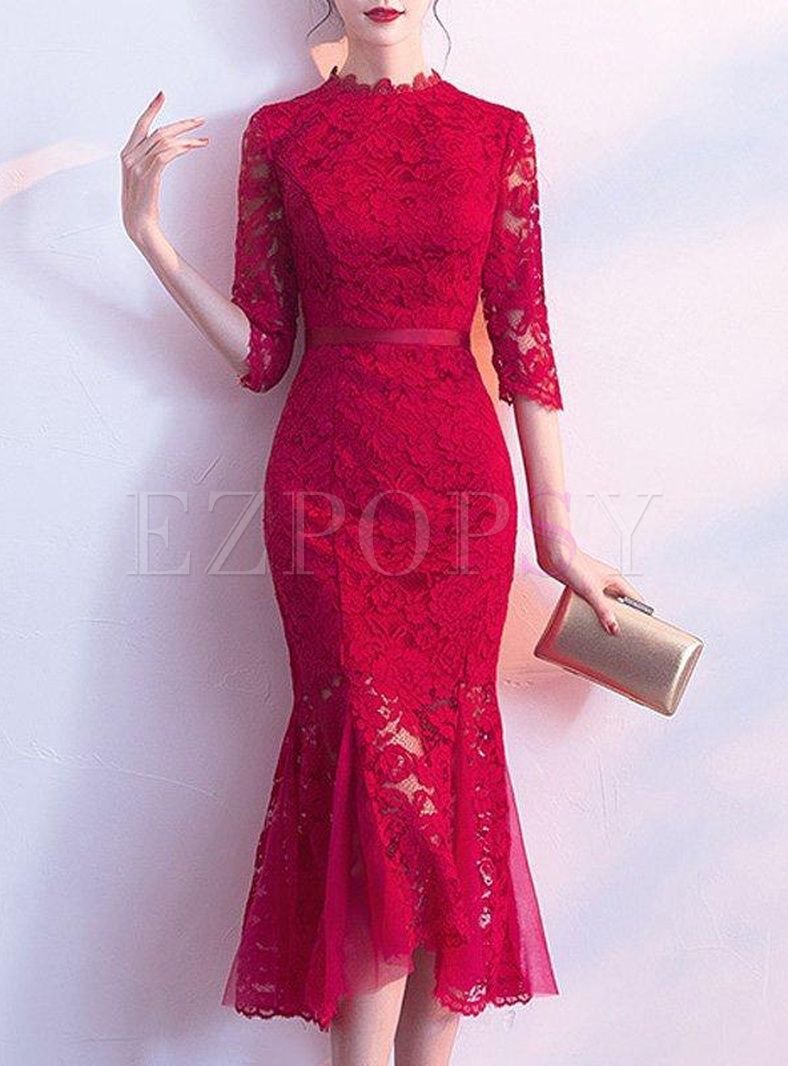 Lace Contrast Solid Color Mermaid Midi Dresses -   16 dress Midi elegant ideas