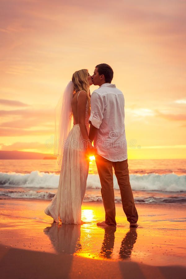 Just Married Couple Kissing On Tropical Beach At Sunset Stock Photo - Image of lovers, husband: 36229974 -   16 wedding Beach sunset ideas