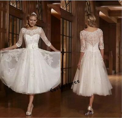 Tea Length White/Ivory Lace Tulle Wedding Dress 3/4 Sleeve Short New Bridal Gown  | eBay -   16 wedding dress Short ideas