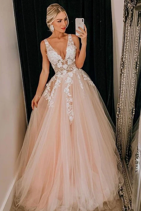 Pink Tulle Lace Long V Neck Prom Dress, Formal Dress B50 -   17 dress Lace diy ideas
