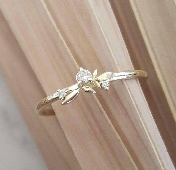 Gold leaf wedding ring, Dainty diamond ring,  thin gold stacking ring, delicate leaves wedding band , personalized Valentine's day gift -   18 wedding Bands leaves ideas