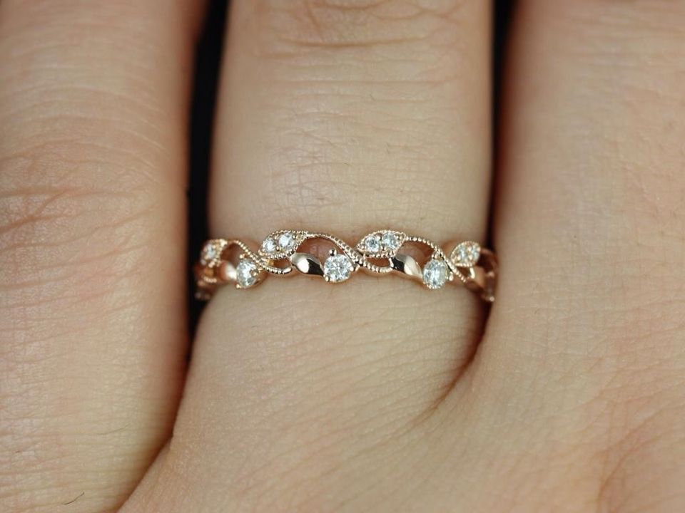 Rosados Box Daphine 14kt Rose Gold Thin Weaving Leaves Diamonds Berries Halfway Eternity Band -   18 wedding Bands leaves ideas