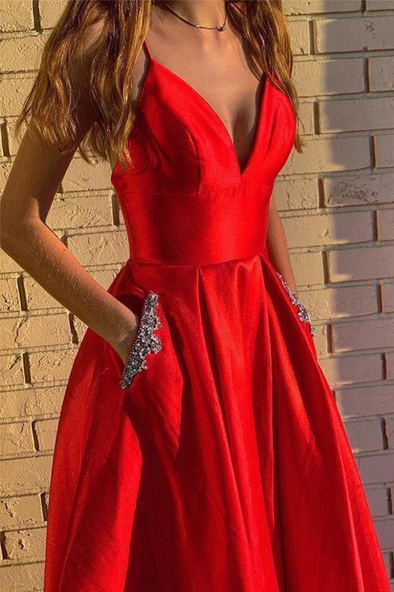 Red Prom Dress with Pockets, Satin Prom Dance Dresses -   12 red dress Coctel ideas