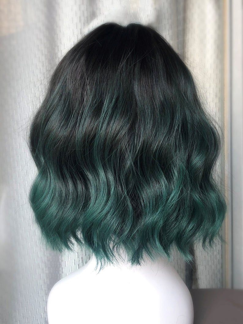 Ibiza Tide Wavy Wig, Pastel Ombre Short Curly Green Wig With Bangs, Emerald Green Wig, Daily Natural Witch Unicorn, Heat Safe Synthetic -   14 hair Ombre short ideas