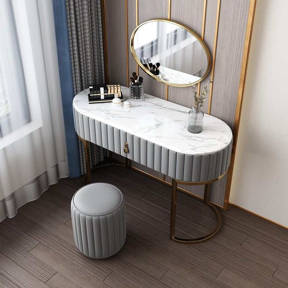Makeup Vanity Set with Drawer Mirror & Leather Stool Included Faux Marble Tabletop -   15 makeup Table marble ideas