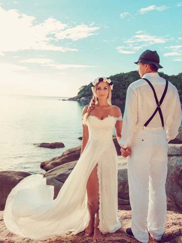 Off the Shoulder Split-Front Lace Beach Wedding Dress 2019 -   16 wedding Beach attire ideas