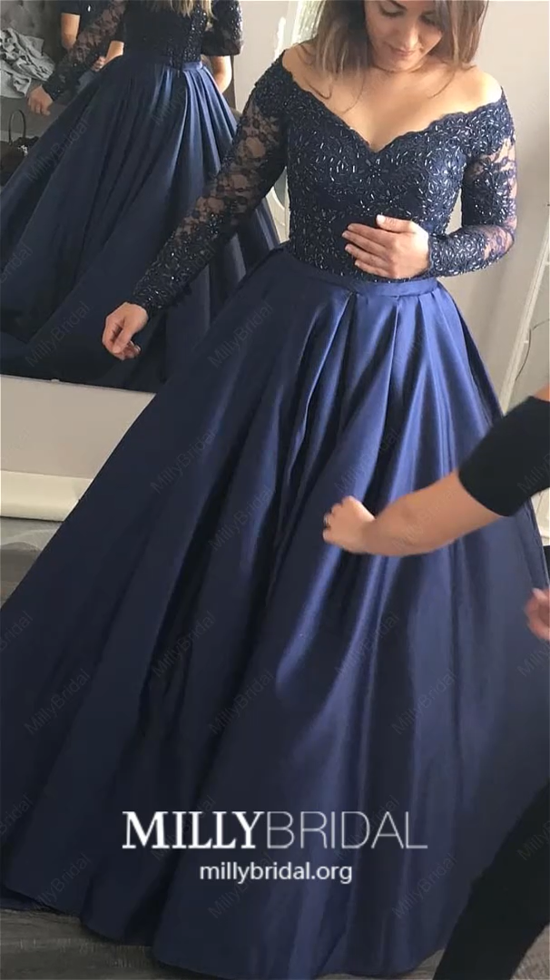 2019 Ball Gown Prom Dresses Long, Dark Navy Formal Dress Long Sleeve, Satin Evening Dress Beautiful -   18 dress Beautiful unique ideas