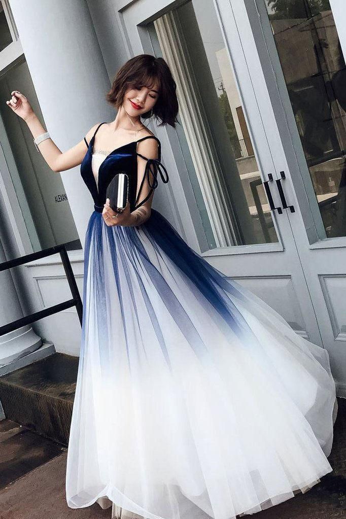Cute Blue Ombre Long Tulle Prom Dress Unique V Neck Sleeveless Dance Dresses -   18 dress Beautiful unique ideas