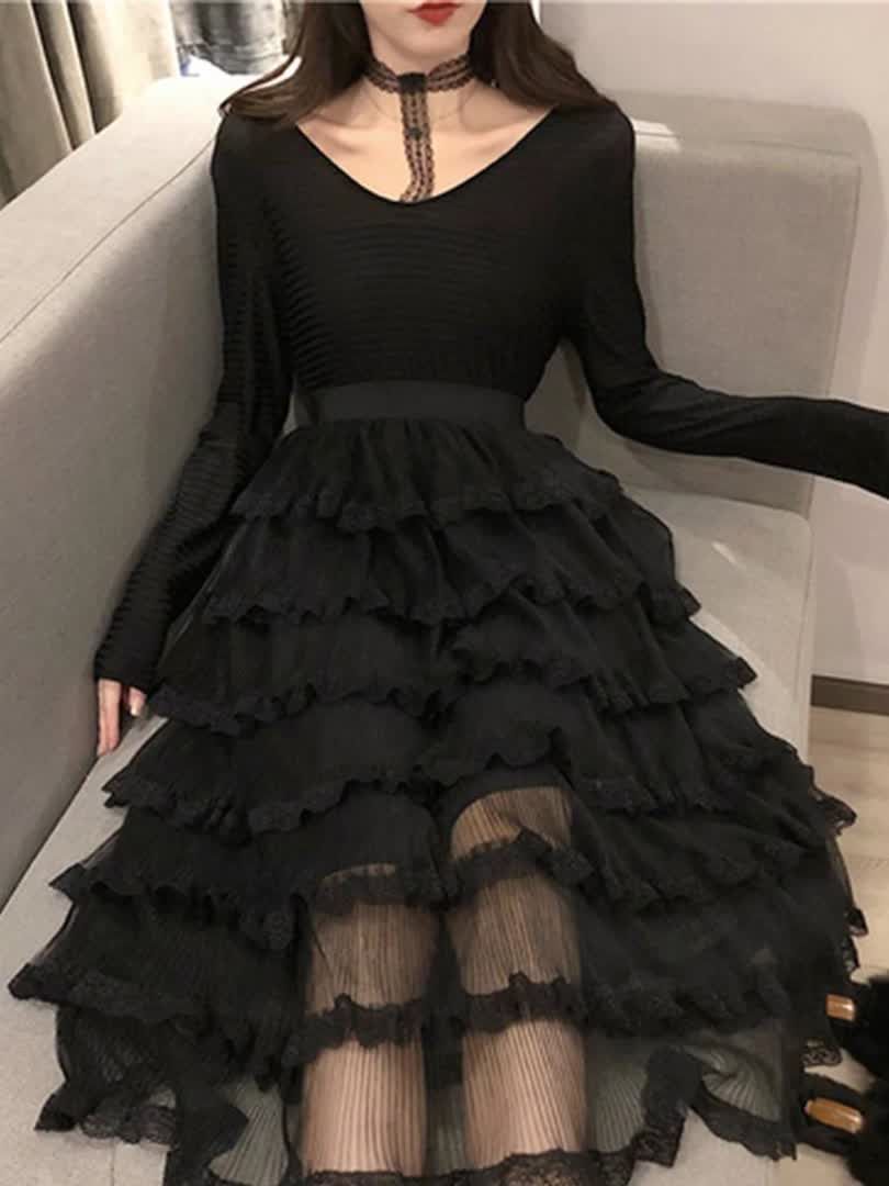 Women's V Neck Patchwork Cascading Ruffles Black A Line Dress Casual Grenadine Solid Color Mid Dr... -   19 dress Casual womens ideas