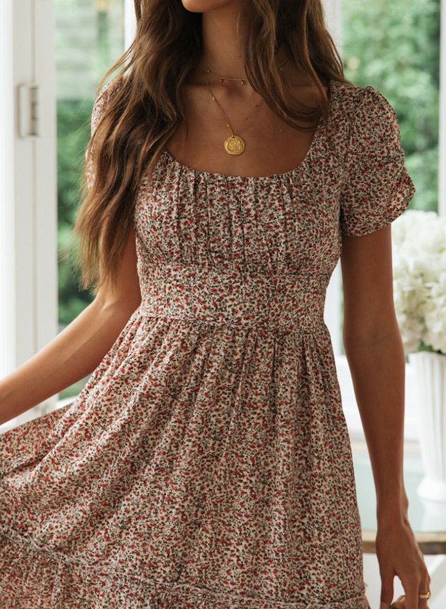 Round Neck Ruched Detail Floral Midi Dress -   19 dress Casual womens ideas