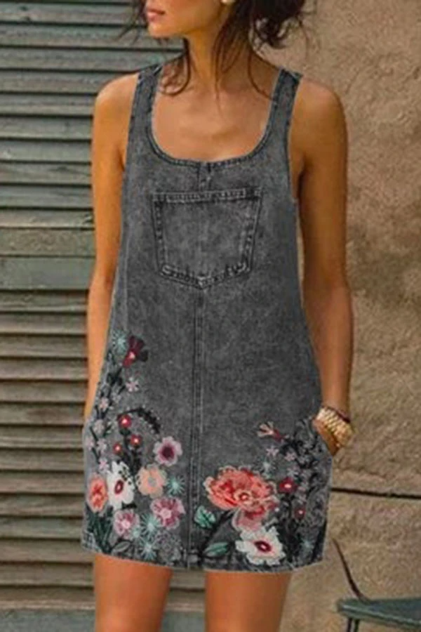 Paneled Floral Print Side Pockets Casual Denim Mini Dress -   19 dress Casual womens ideas