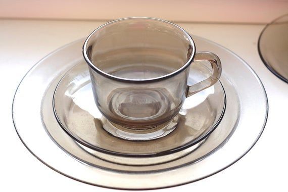 Vintage 1960s French Arcopal Tea or Coffee Cup Set with Cake Plate Option.  Chic Retro Coffee Brown Clear Glass. -   20 cake Coffee cup ideas