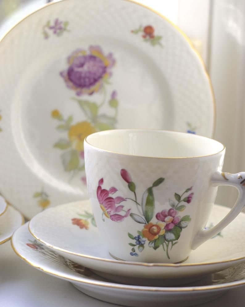 Bing and Grondahl Saksisk Blomst Saxon Flower Coffee Cup, Saucer & Cake Plate 3 Piece Set. Fine Vintage Denmark Heirloom Quality. -   20 cake Coffee cup ideas