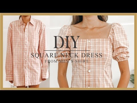 DIY Puff sleeve dress - Refashion Men's Shirt into puff sleeve dress - How to make Square neck dress -   15 DIY Clothes Upcycle shirt makeover ideas
