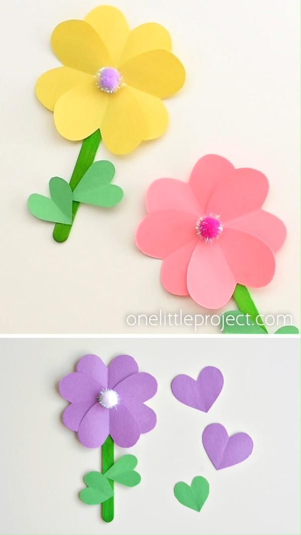 Paper Heart Flowers | Popsicle Stick Flowers with Heart Leaves -   18 diy projects For Mom kids ideas