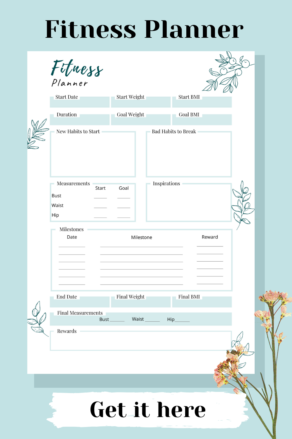 Weekly Daily Fitness Health Planner Template Bullet Journal Printable Schedule -   18 fitness Routine planner ideas