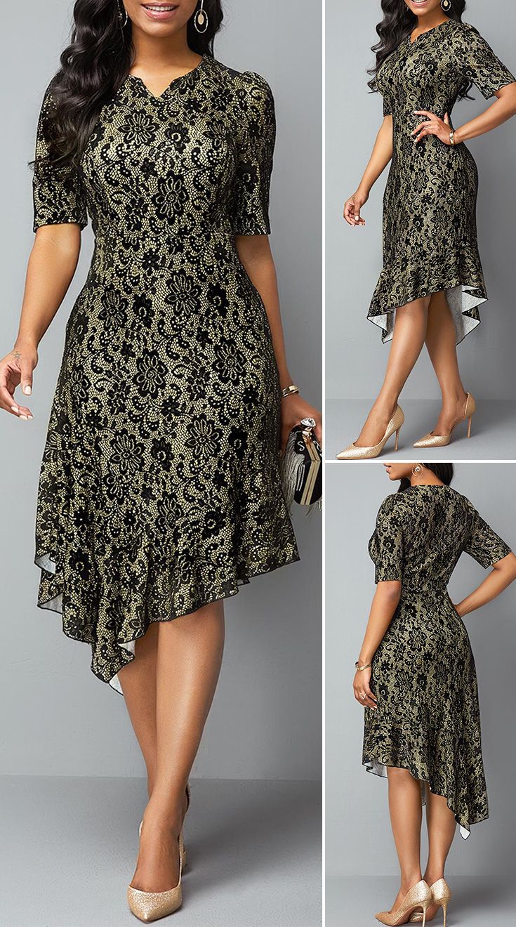 Half Sleeve Split Neck Asymmetric Hem Lace Dress -   19 lace dress 2019 ideas