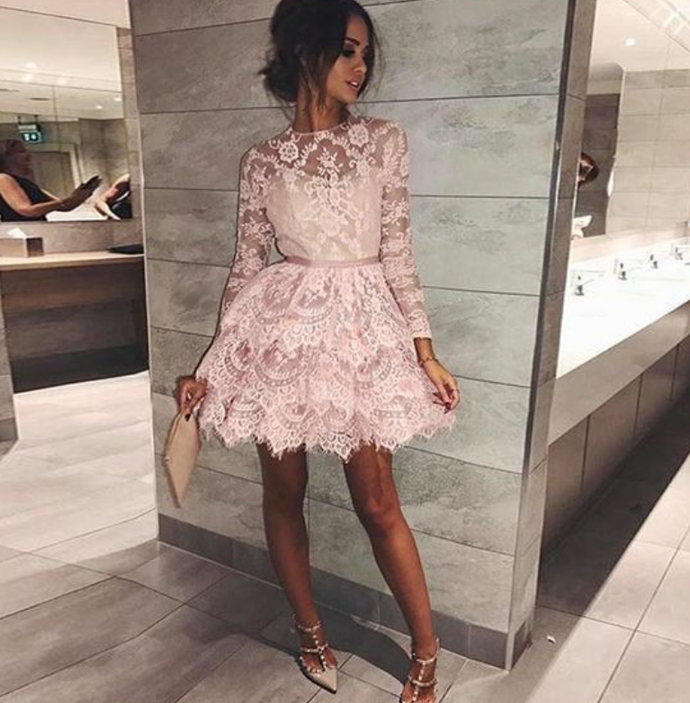 pink short homecoming dresses, long sleeves lace short prom dresses -   19 lace dress 2019 ideas