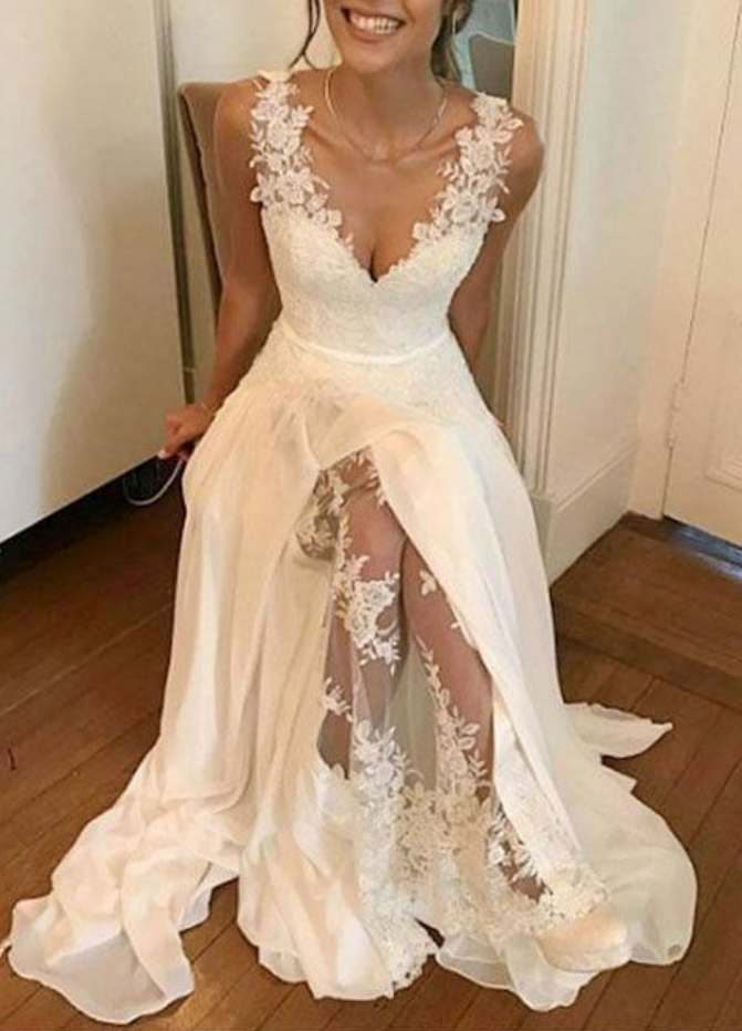 Cute Prom Dress, WHITE V NECK CHIFFON LACE LONG PROM DRESS, WHITE EVENING DRESS -   19 lace dress 2019 ideas