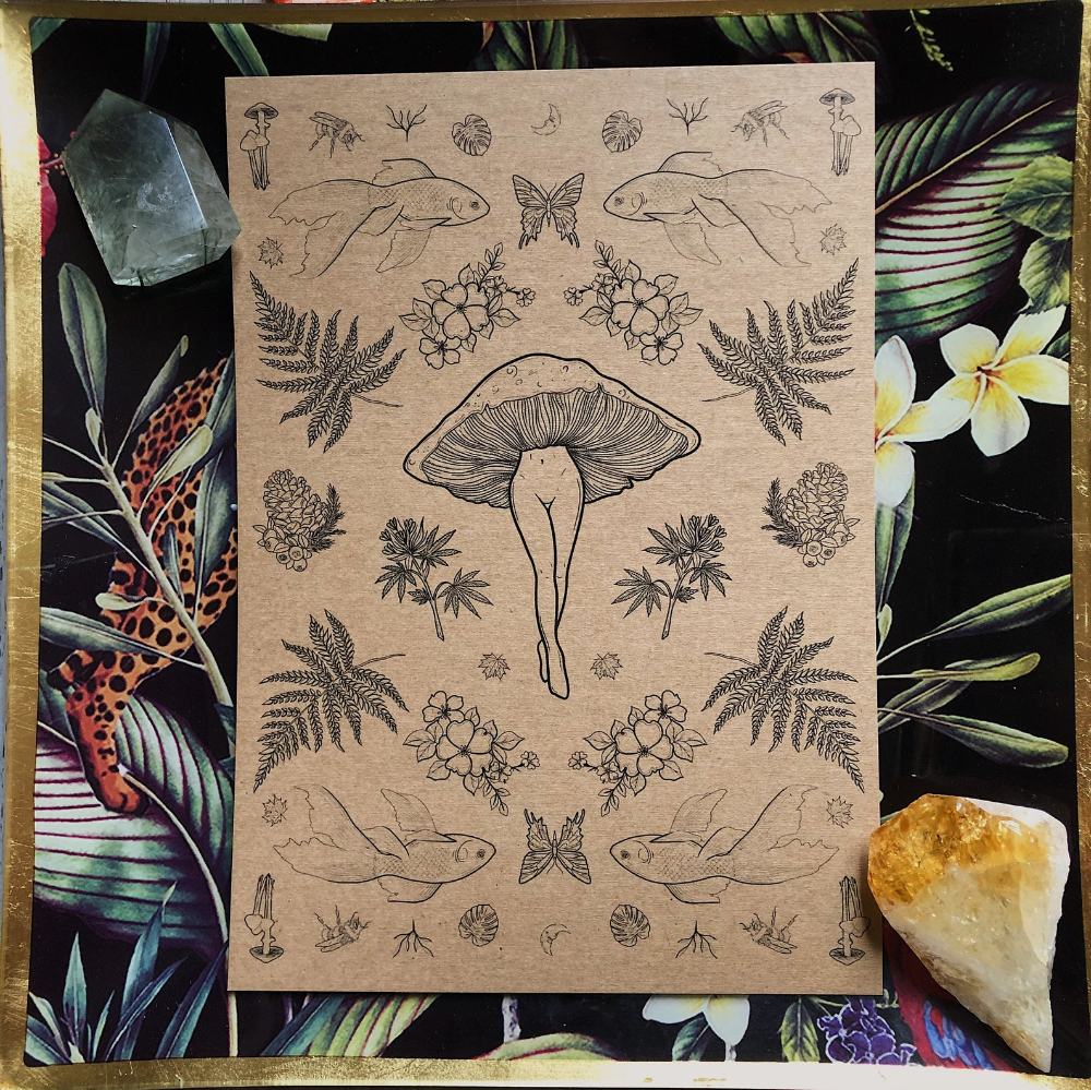 Multi Botanical Mushroom Lady Tattoo Flash Nature Print A5 -   12 plants Pattern tattoo ideas