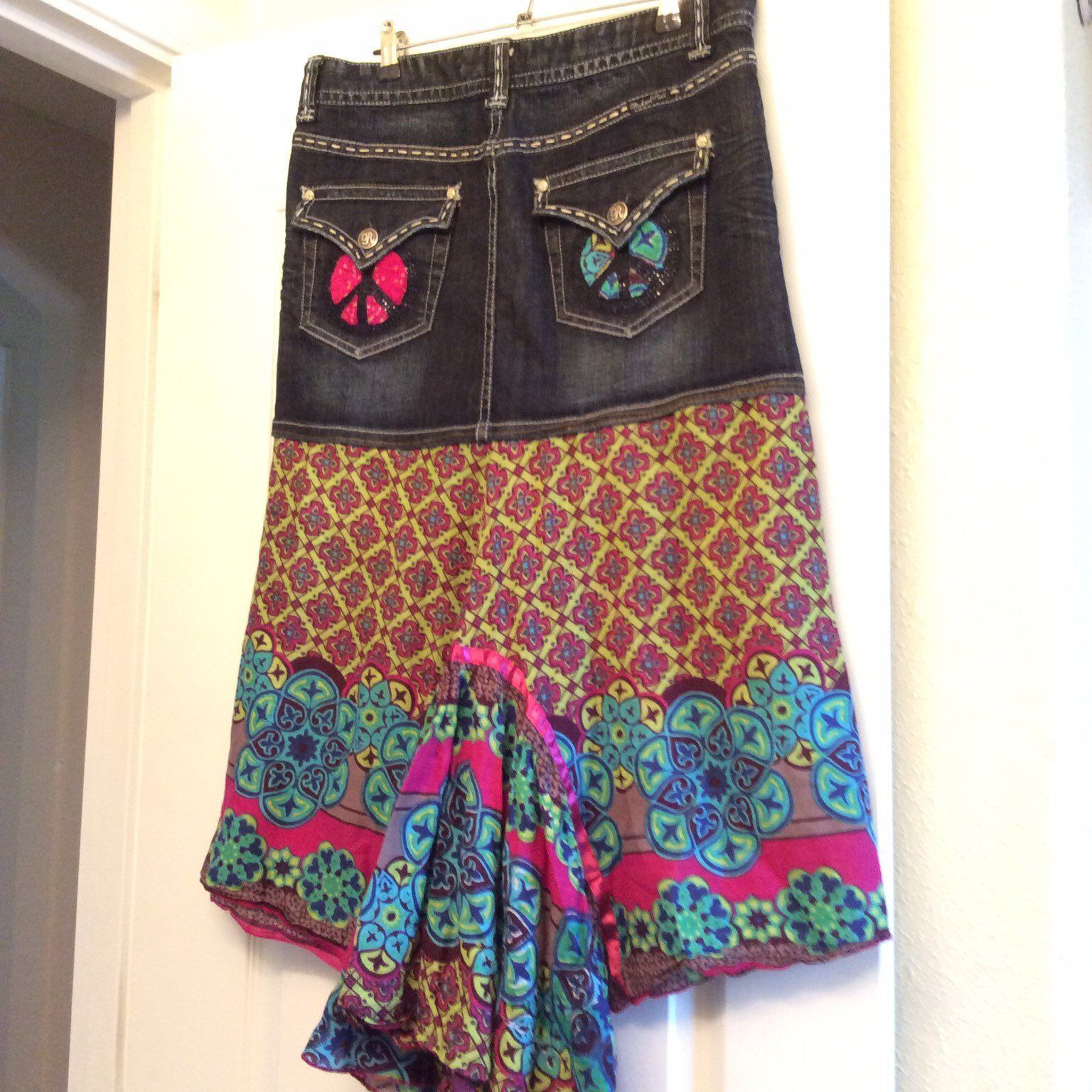 Jeans skirt, large, Funky, hippie boho upcycled -   15 DIY Clothes Hipster hippie ideas