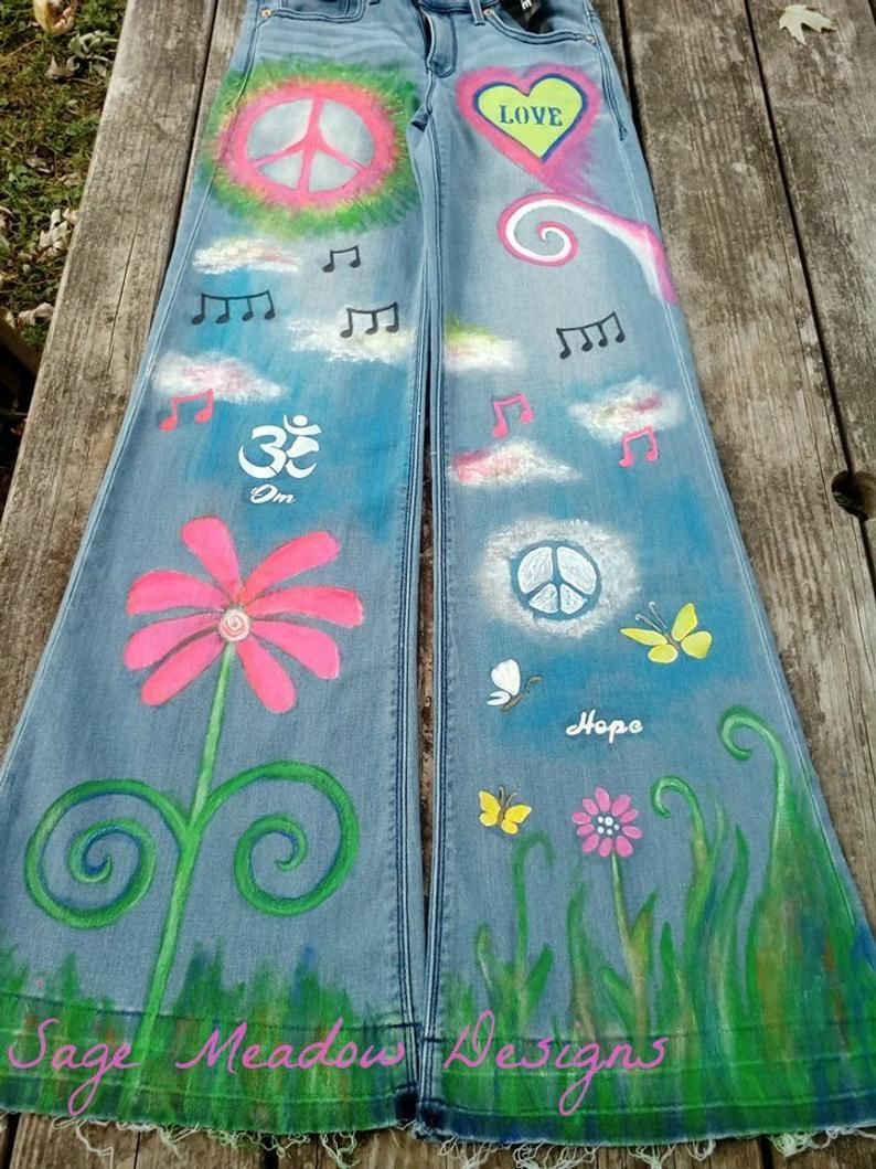 CUSTOM Hand Painted Hippie Jeans, Festival Clothing, Rainbow Nature Flower Peace sign painted jeans -   15 DIY Clothes Hipster hippie ideas