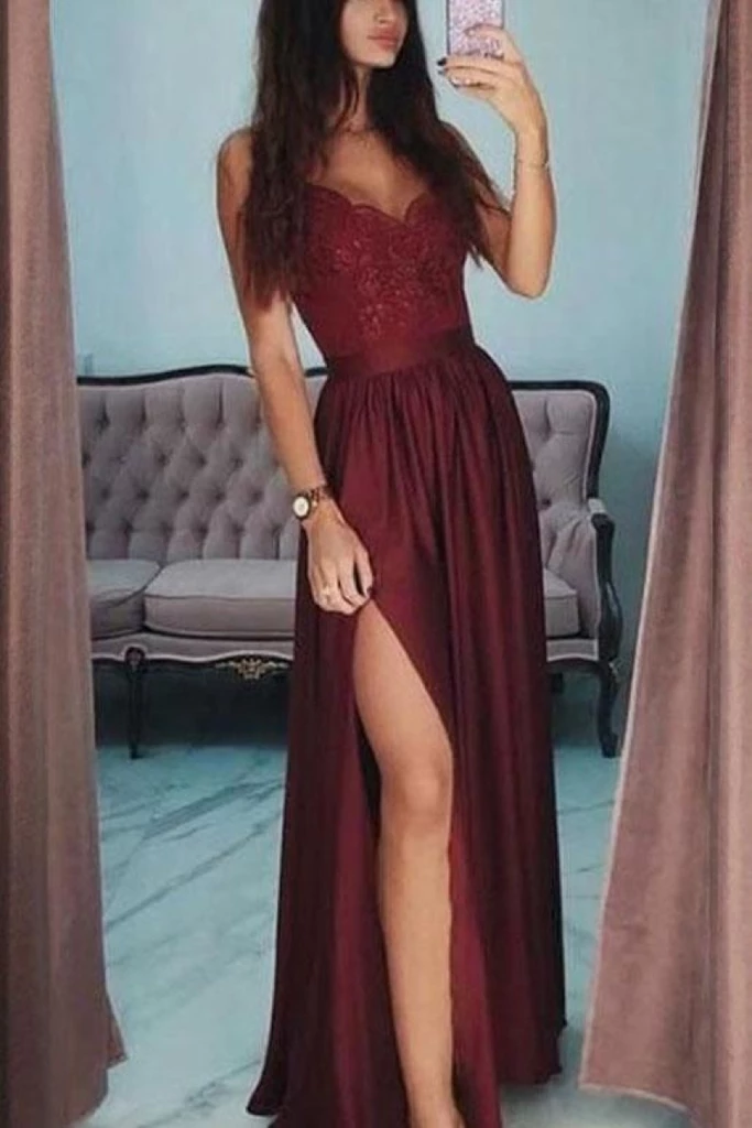Burgundy A-Line V-neck Lace Spaghetti Straps Long Prom Dress -   16 dress For Teens long ideas