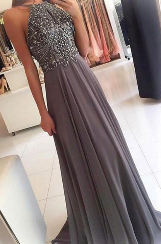 Chiffon Halter Grey Long Prom Dresses with Beading, Prom dress for teens,Party dresses for woman -   16 dress For Teens long ideas