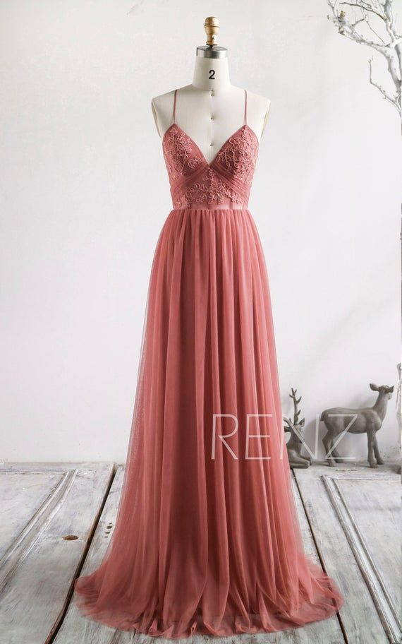 Bridesmaid Dress Canyon Rose Wedding Dress Boho Lace Applique Prom Dress Long V Neck A-line Formal Dress Puffy Tulle Wedding Gown (HS837) -   16 dress For Teens long ideas