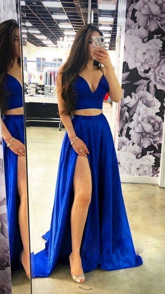 Royal Blue Two Piece Prom Dress, V neck Long Evening Party Dress -   16 dress For Teens long ideas