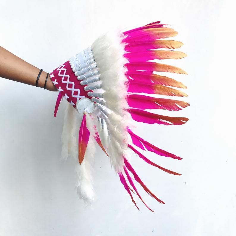 Items similar to Pink, gold and white feather headdress, indian inspired headdress, warbonnet, boho on Etsy -   16 dress Indian feathers ideas