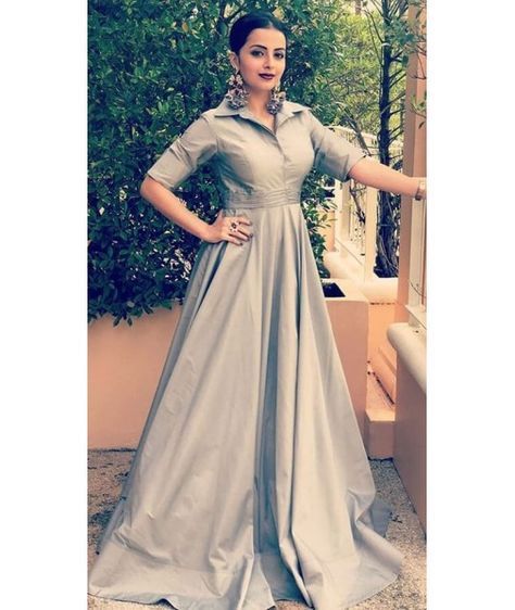 Best Grey Silk Collar Style Long Gown WJ027411 -   16 dress Indian feathers ideas