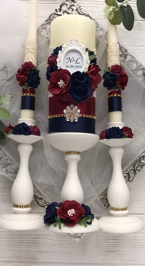 Unity candle set Navy Blue and Burgundy Wedding Personalized Unity Candle Set Lace Monogram Marsala -   16 wedding Centerpieces navy ideas