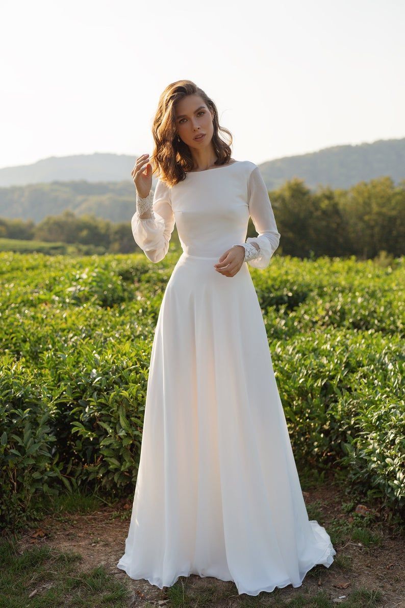 Chiffon wedding dress ANASTEISHA,  long sleeves simple wedding dress with open back -   18 dress Simple pictures ideas