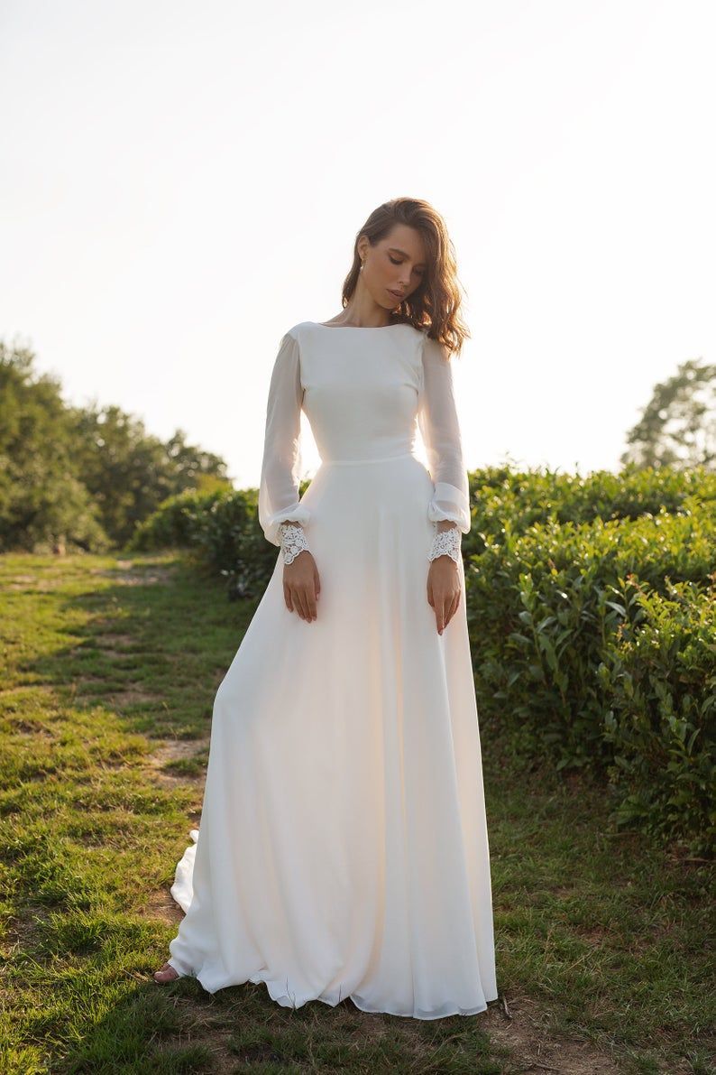 Chiffon wedding dress ANASTEISHA,  long sleeves simple wedding dress with open back -   18 dress Simple pictures ideas