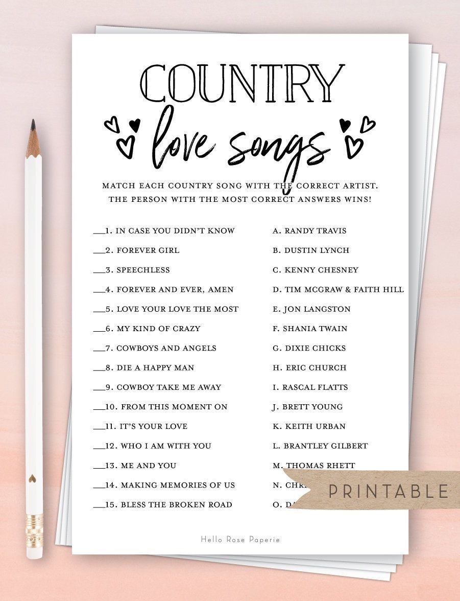Country Love Songs Trivia Game . Rustic Bridal Shower Printable . Wedding Shower . Rustic Kraft + Black and White . Instant Digital Download -   19 ressional wedding Songs ideas