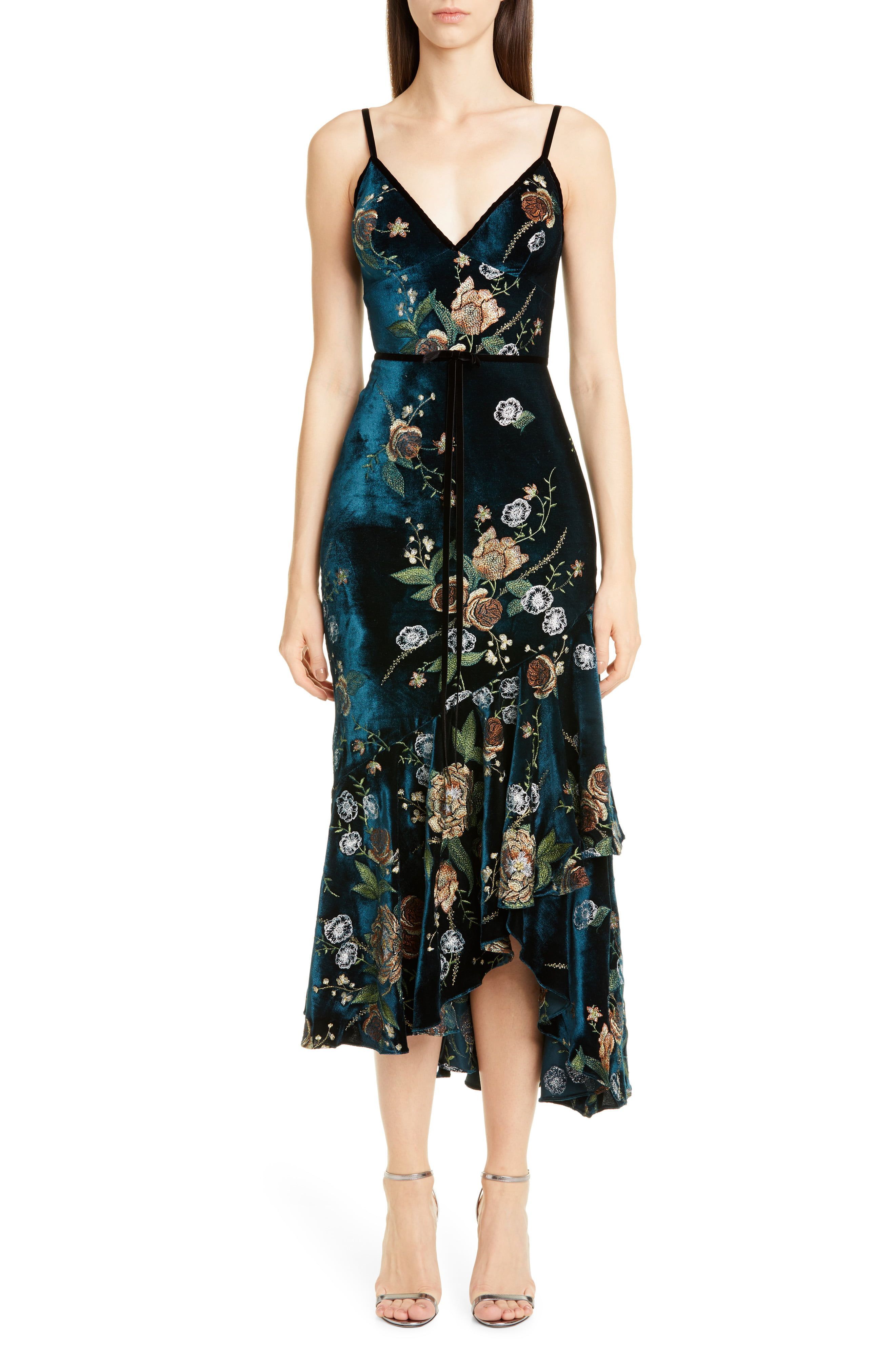 Marchesa Notte Floral Embroidered Velvet High/Low Dress | Nordstrom -   19 dress Floral green ideas