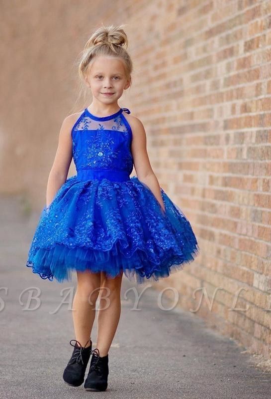 Cheap Royal Blue Lace Appliques Halter Puffy Mini Flower Girl Dress -   19 dress Flower Girl blue ideas
