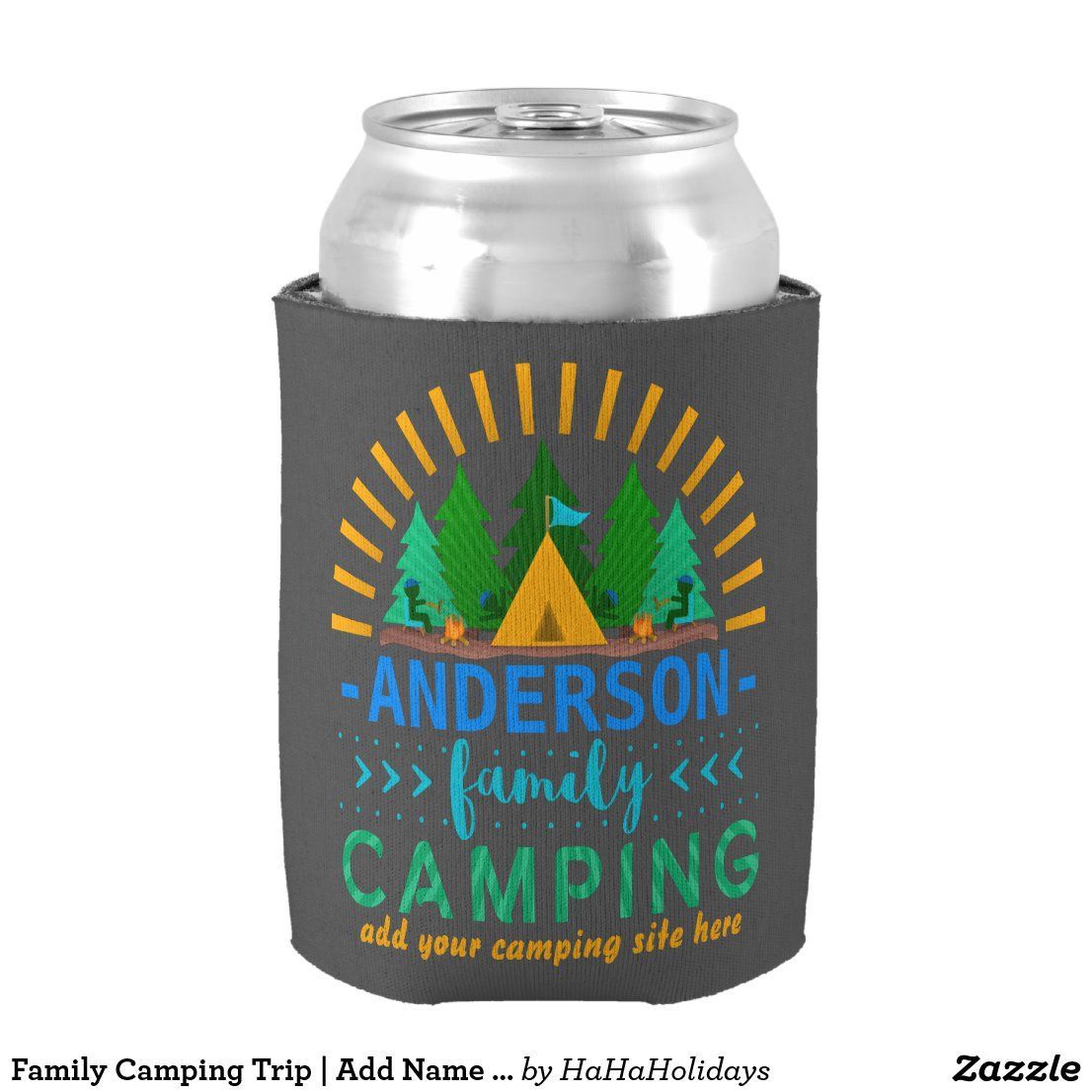 Family Camping Trip | Add Name and Campsite Gray Can Cooler -   19 holiday Summer camping ideas