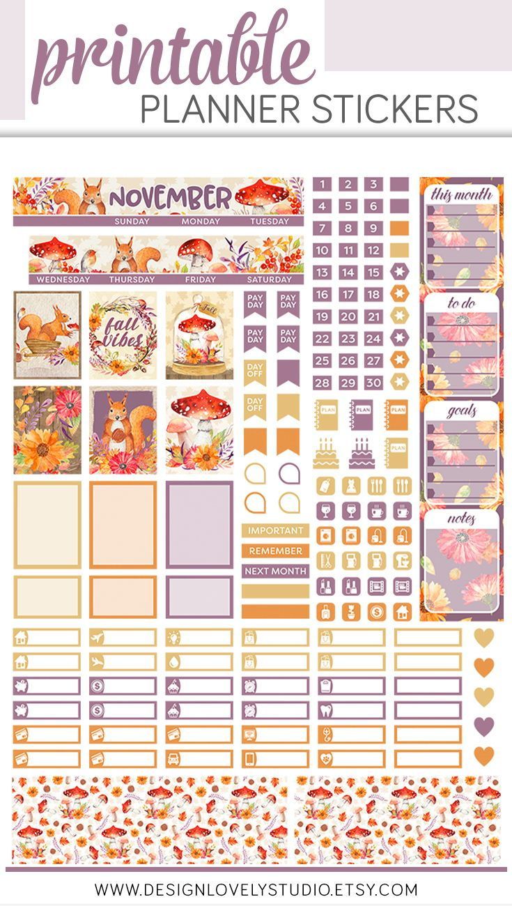 Monthly November Mini Happy Planner Fall Woodland Creature Printable Planner Stickers -   fitness Planner stickers
