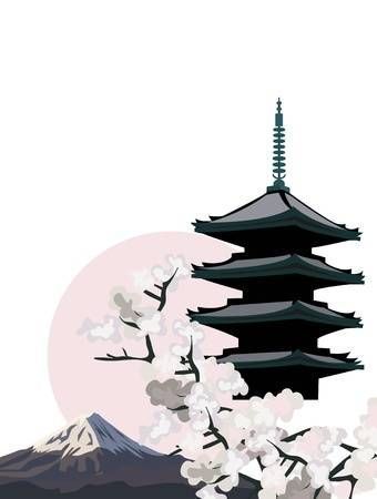 Background illustration with Pagoda Temple and Cherry Blossoms -   beauty Background illustration