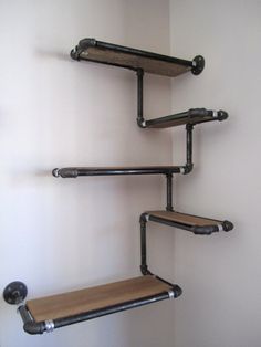 Pipe Wall Shelf with Reclaimed Wood, Custom Pipe Shelves. Made To Order Corner Shelf, Reclaimed Fir and Black Iron Pipe, Space Efficient -   diy Bookshelf metal