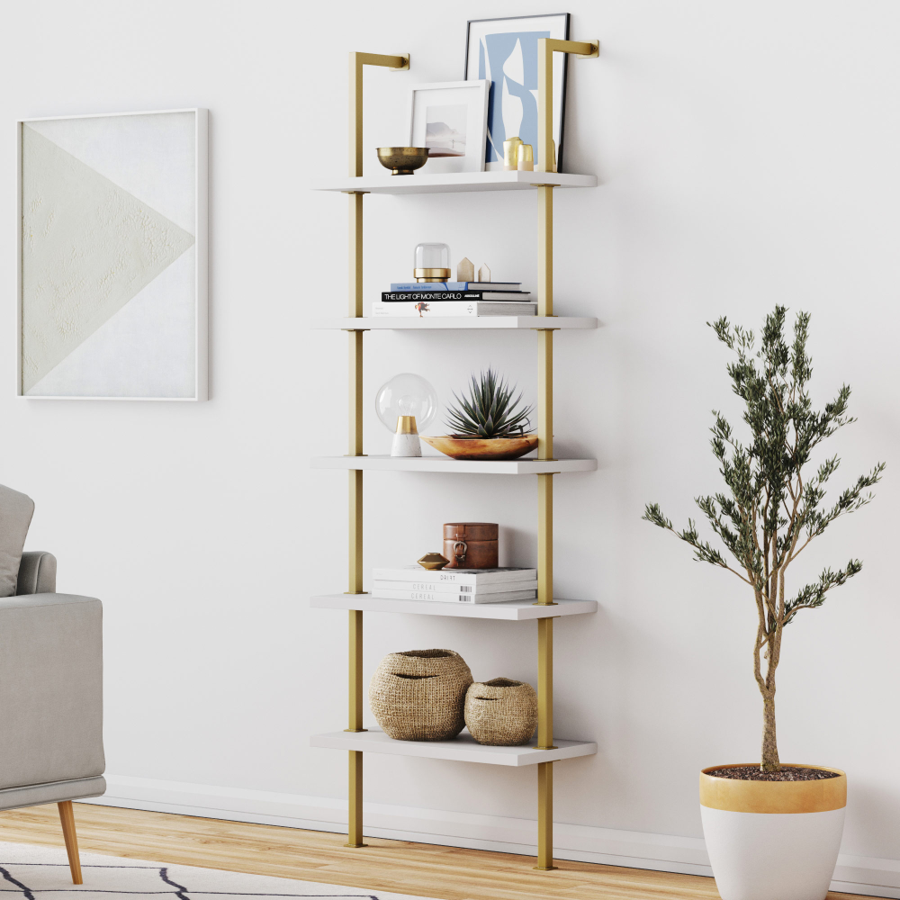 Nathan James Theo Industrial 5-Shelf Gold Ladder Bookcase with White Open Shelves and Brass Metal Frame -   diy Bookshelf metal